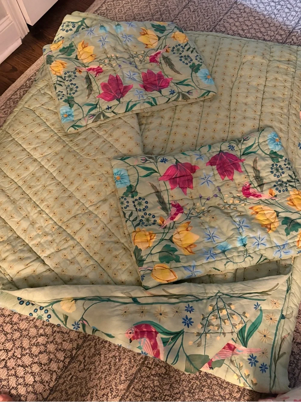 Anthropologie Floral Green Quilted Comforter - Multicolor Botanical Print